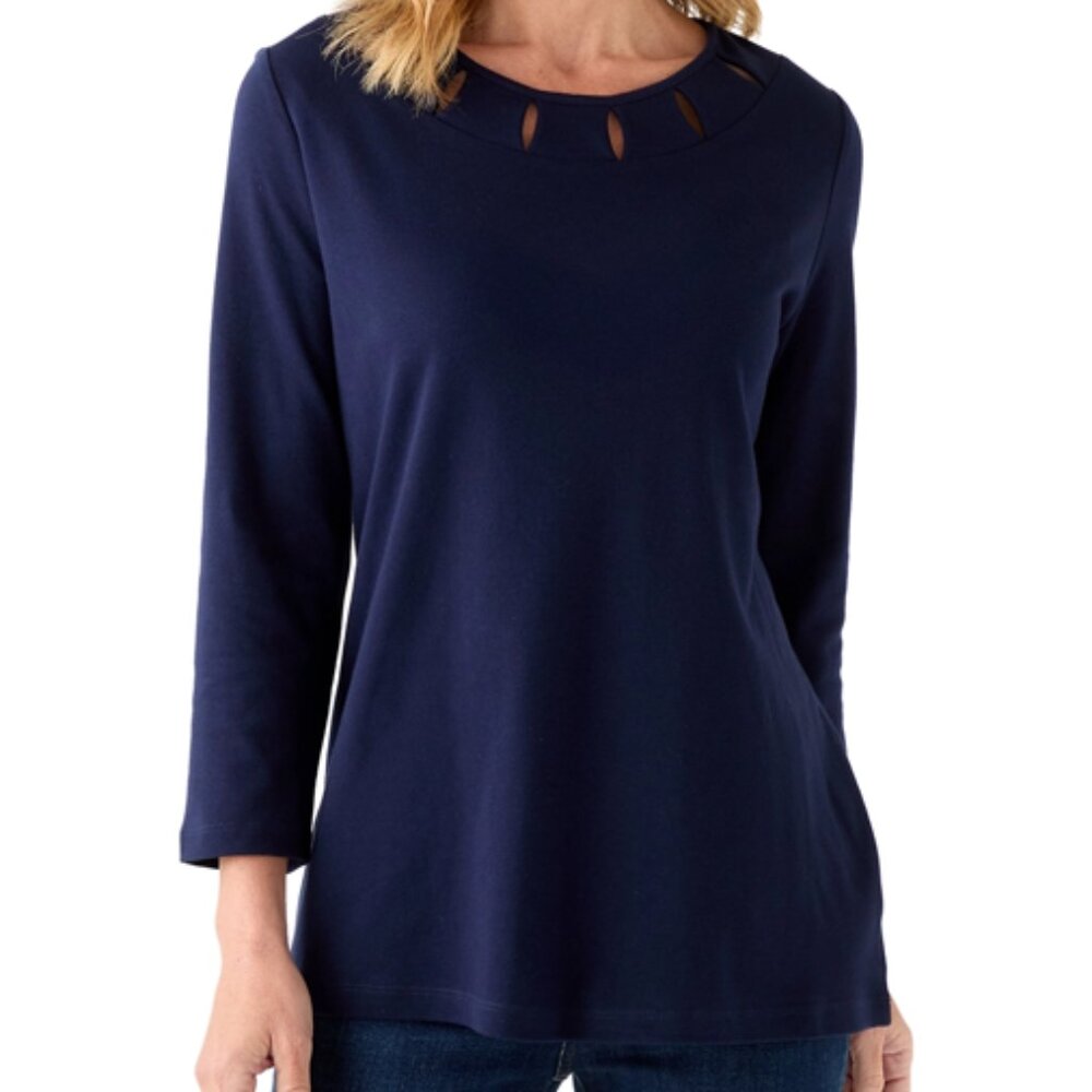 NWT Kim Rogers Women's Top With Detailed Crew Neck, ¾ Sleeve, Harbor Navy, LG,XL